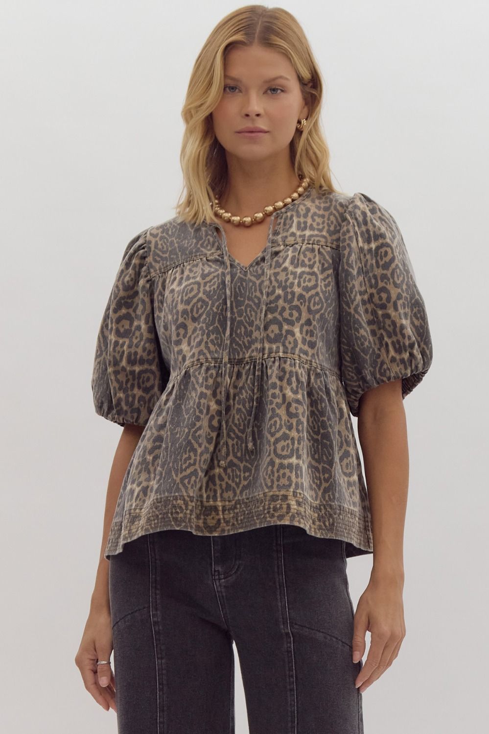 BROWN LEOPARD PRINT PUFF SLEEVE TOP
