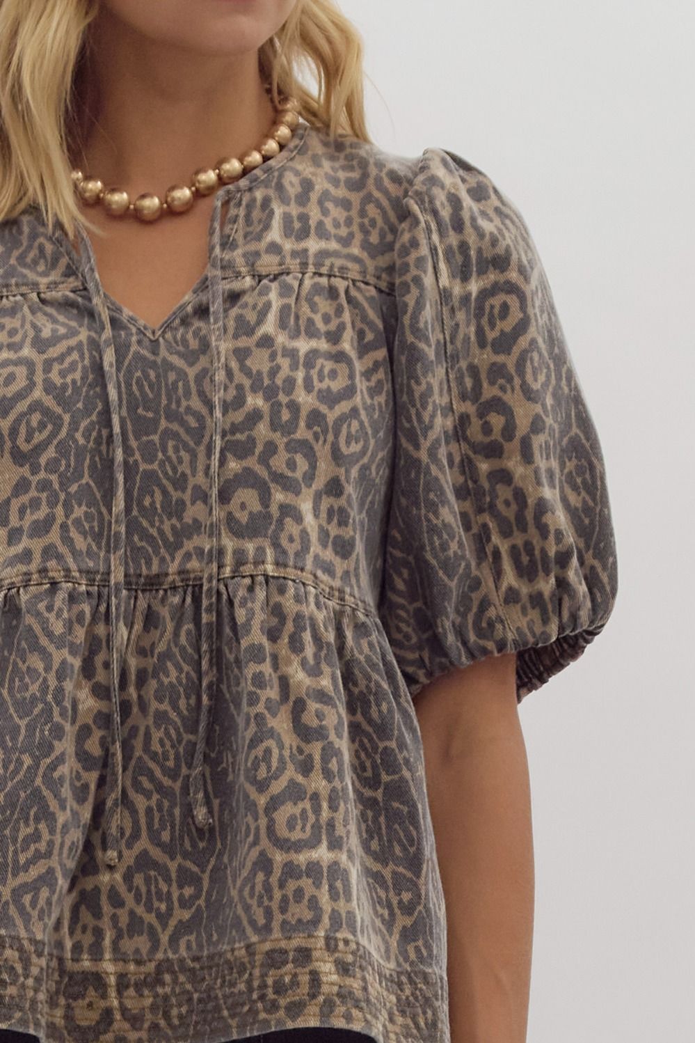 BROWN LEOPARD PRINT PUFF SLEEVE TOP