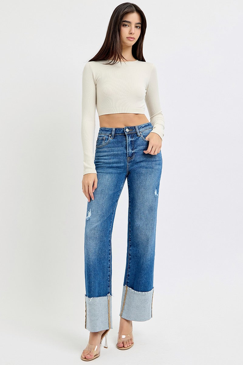 Risen High Rise Wide Leg Stretch Cuffed Jean