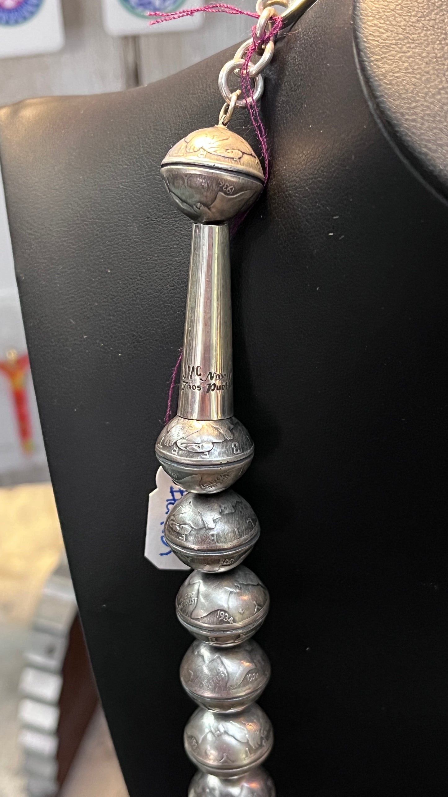 James McCabe Navajo Handcrafted Pearls Silver Dime Necklace