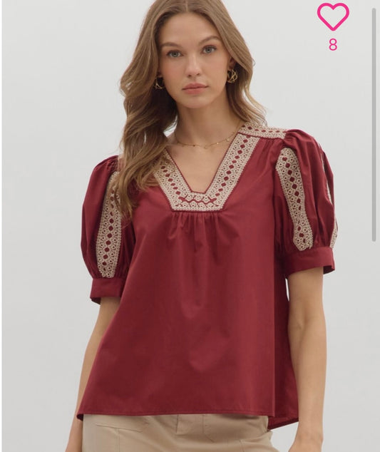 Entro Burgundy Embroidered Top