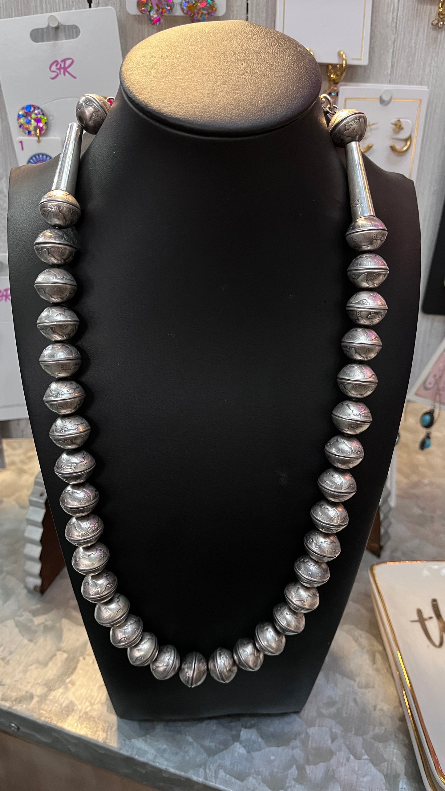 James McCabe Navajo Handcrafted Pearls Silver Dime Necklace