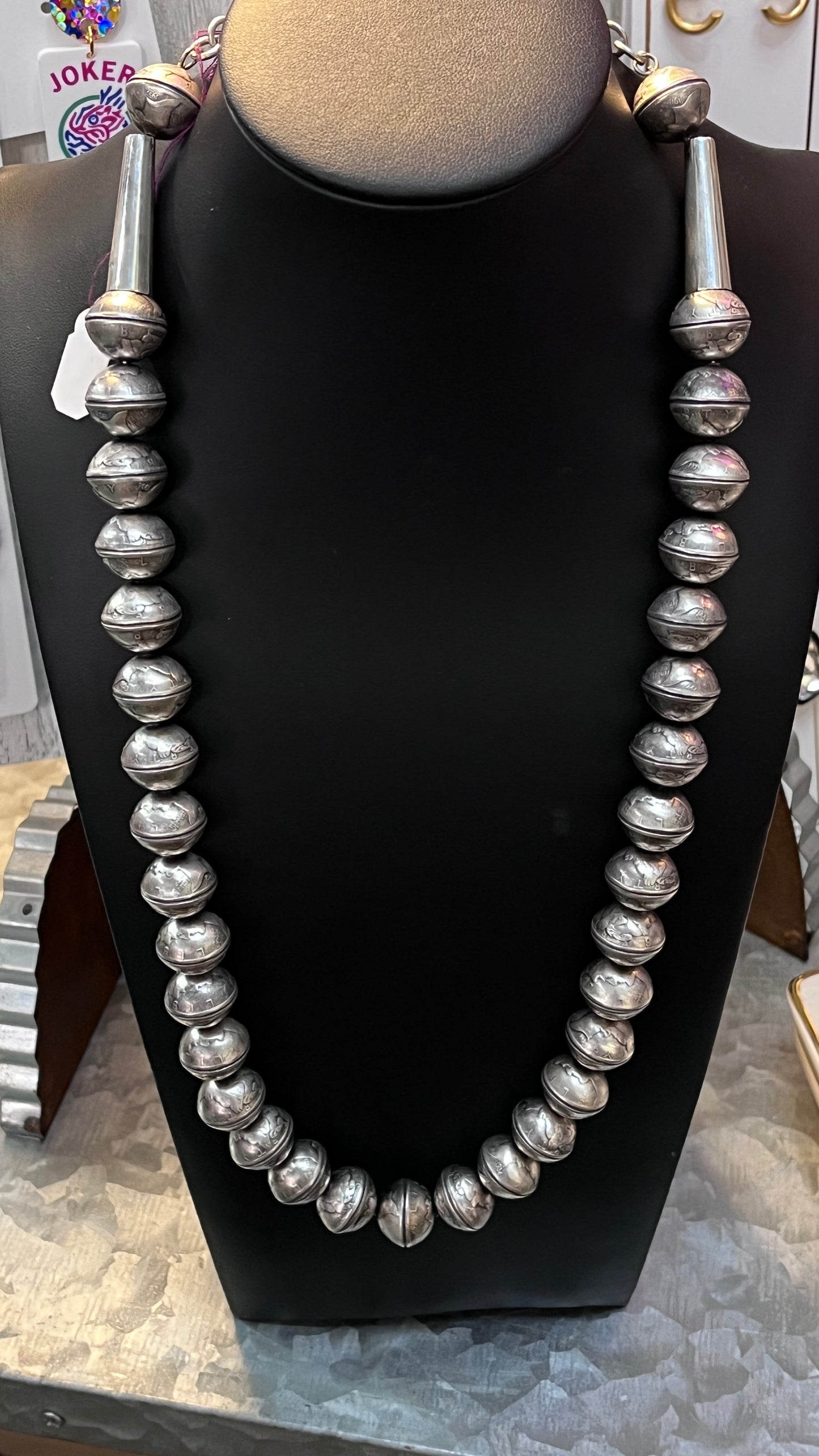James McCabe Navajo Handcrafted Pearls Silver Dime Necklace
