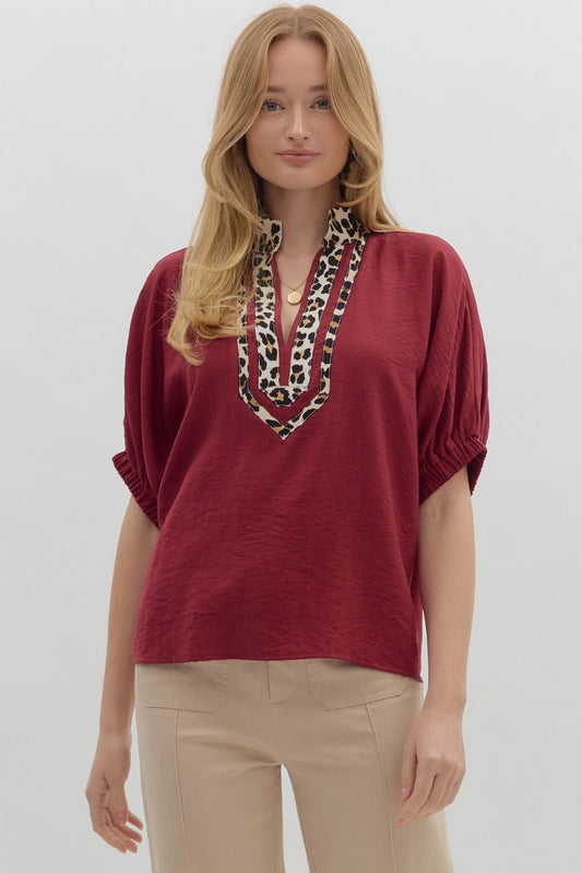 Garnet Red Leopard Trim Top