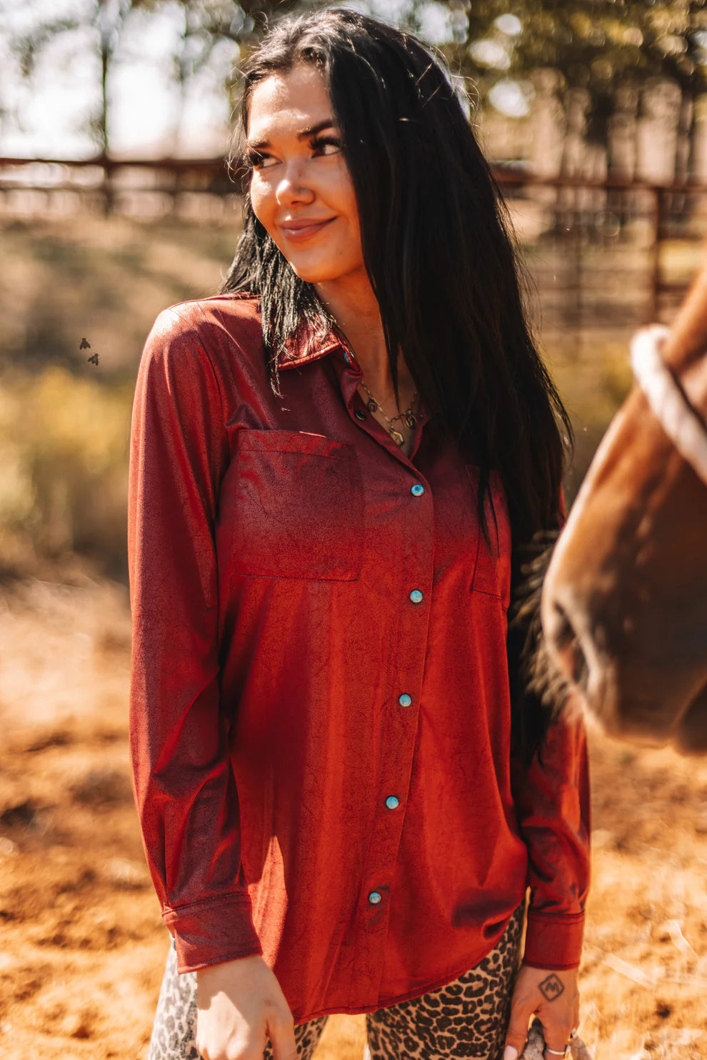Leather Lux Button Down Burgundy